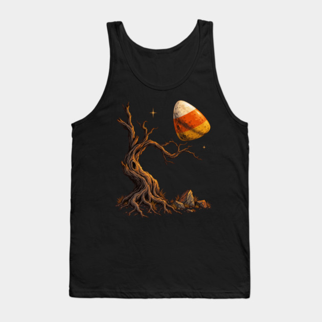 Candy Corn Moon Over Haunted Tree – Spooky Halloween Art Tank Top