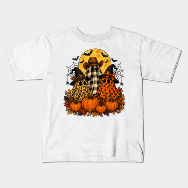 Western Halloween Ghost Trio Pumpkins and Full Moon Kids T-Shirt