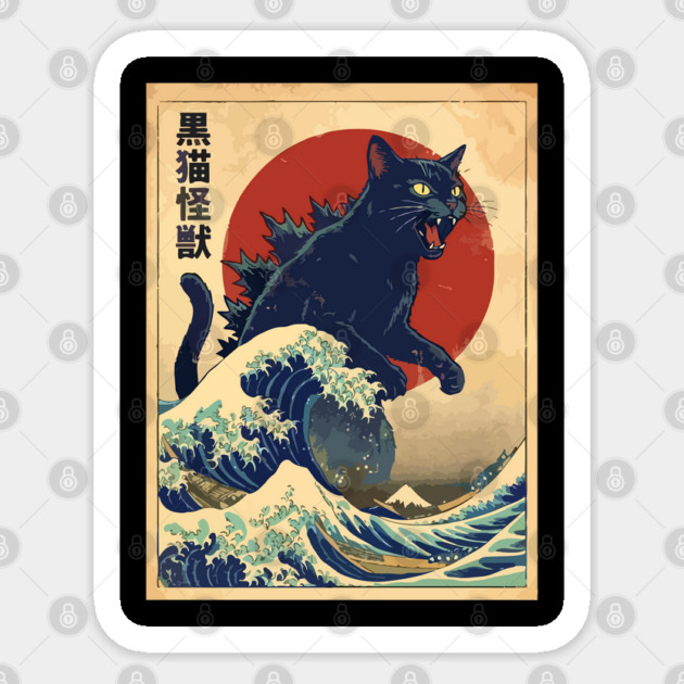 Black Cat Monster Kanagawa Wave Sticker