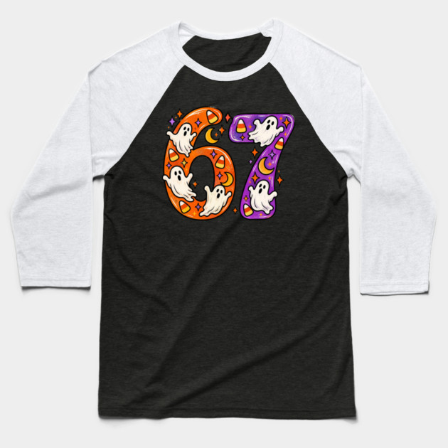 Groovy Spooky 67 Ghost Candy Corn Halloween Retro Graphic Baseball T-Shirt