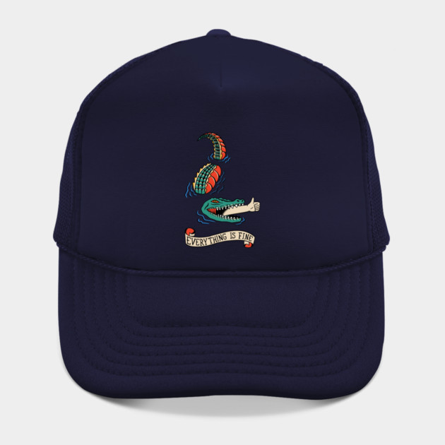 Funny Everything Is Fine Alligator Tattoo Trucker Hat - Gator Swallowing an Arm Giving a Thumbs Up, Dark Humor, Gift for Reptile Lovers
