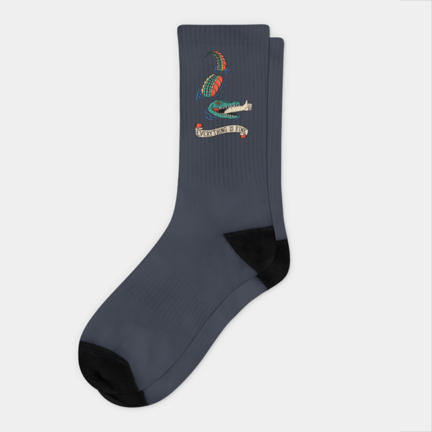 Funny Everything Is Fine Alligator Tattoo Crew Socks - Small Gator with Thumbs Up Arm and Scroll Banner, Gift for Reptile Lovers