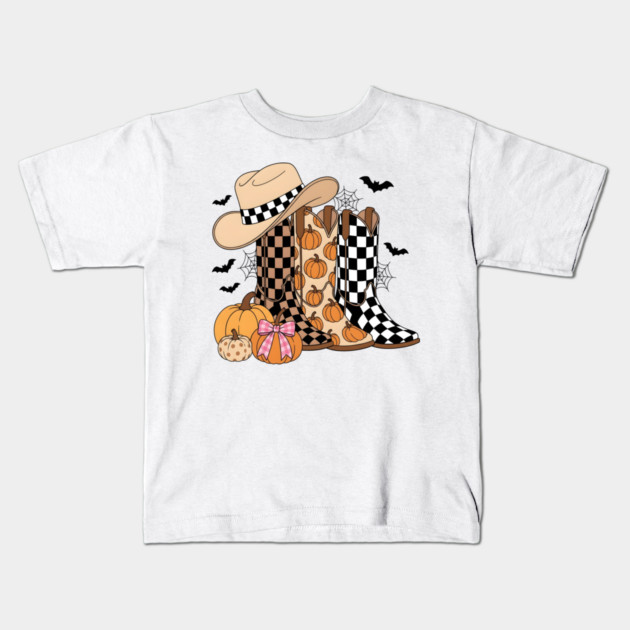 Western Halloween Boots Fall Pumpkins Cowgirl Kids T-Shirt
