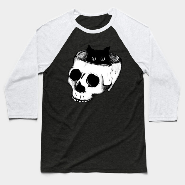 Black Cat Skull Baseball T-Shirt