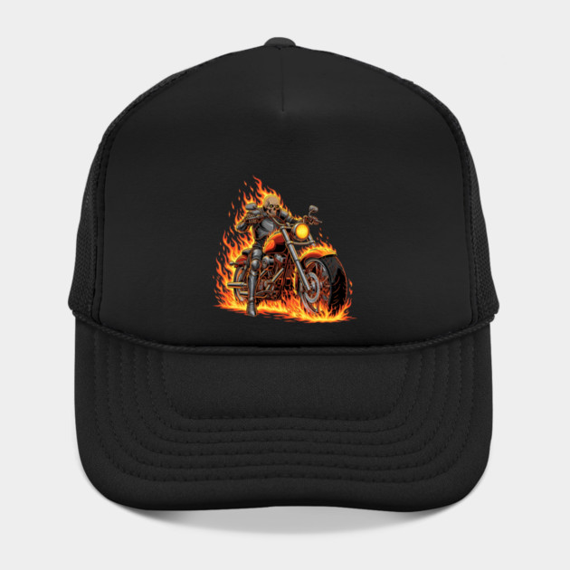 Flaming Skeleton Biker on Motorcycle Hat