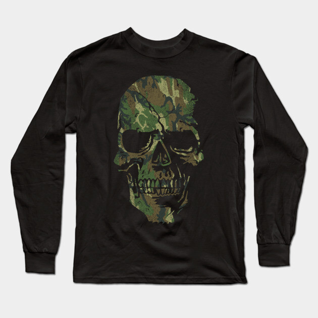 Skull Graphic - Cool Badass Distressed Art - Camo Green Long Sleeve T-Shirt