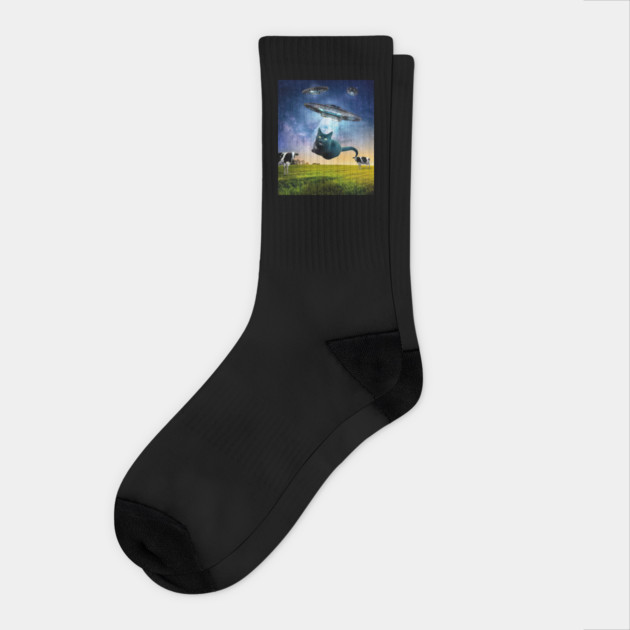 Black Cat UFO Abduction Funny Socks